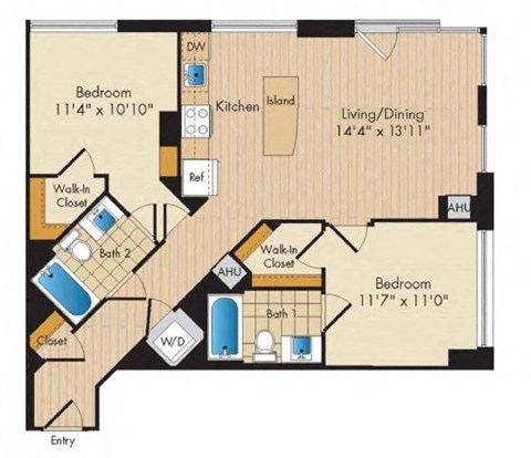 Floor plan for 2 beds, 2 baths, 965 sqft